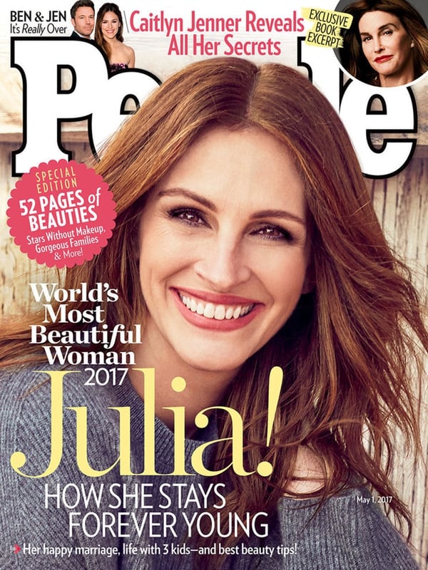 Julia Roberts en la portada de la revista People, edición de mayo. En ella es declarada como la mujer más bella del mundo. Archivo