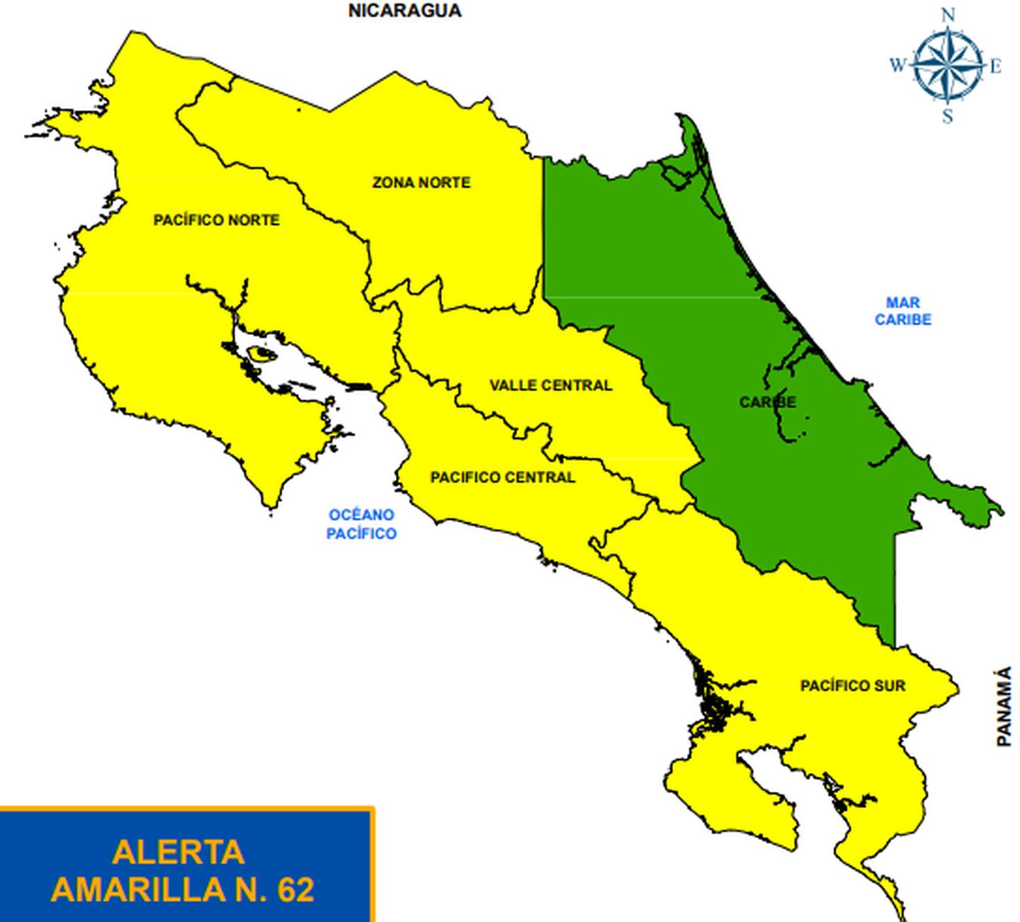 Todo el territorio está con alertas amarilla y verde, dependiendo de lo que ocurra el domingo, ciertas zonas podrían pasar a alerta naranja. Imagen: CNE.