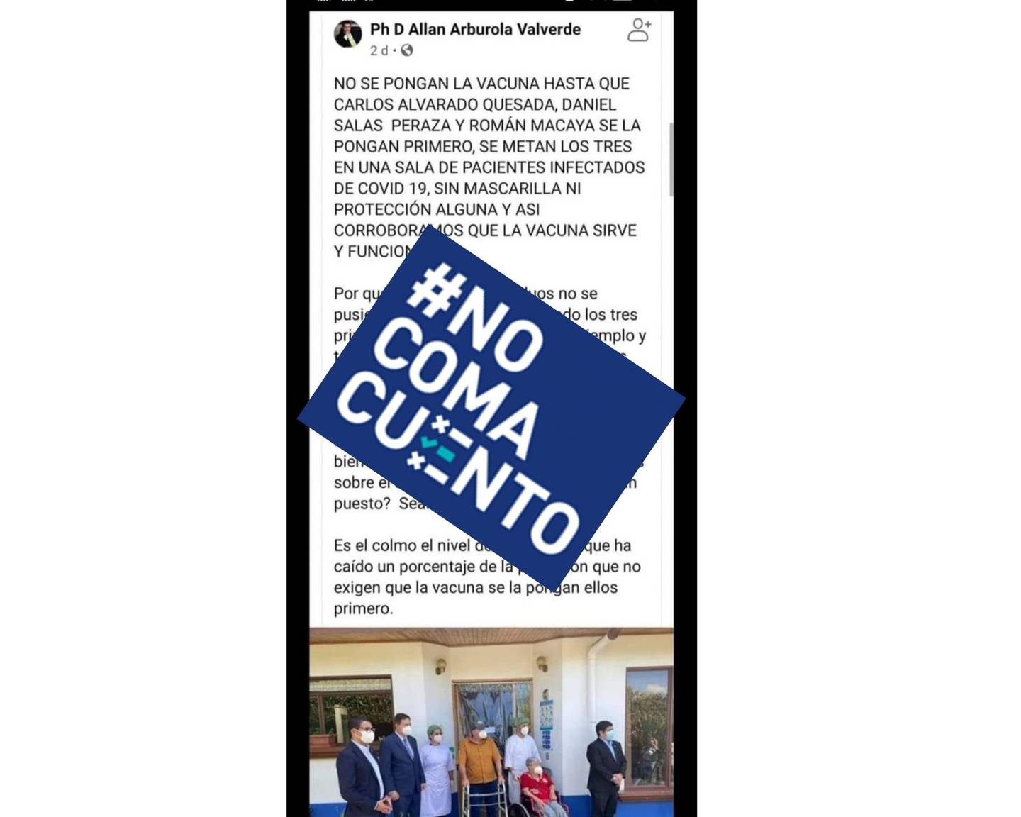 Una publicación de Facebook asegura que el presidente de la República, Carlos Alvarado; el ministro de Salud, Daniel Salas, y el presidente ejecutivo de la CCSS, Román Macaya, no se vacunarán porque no creen en la inmunización.