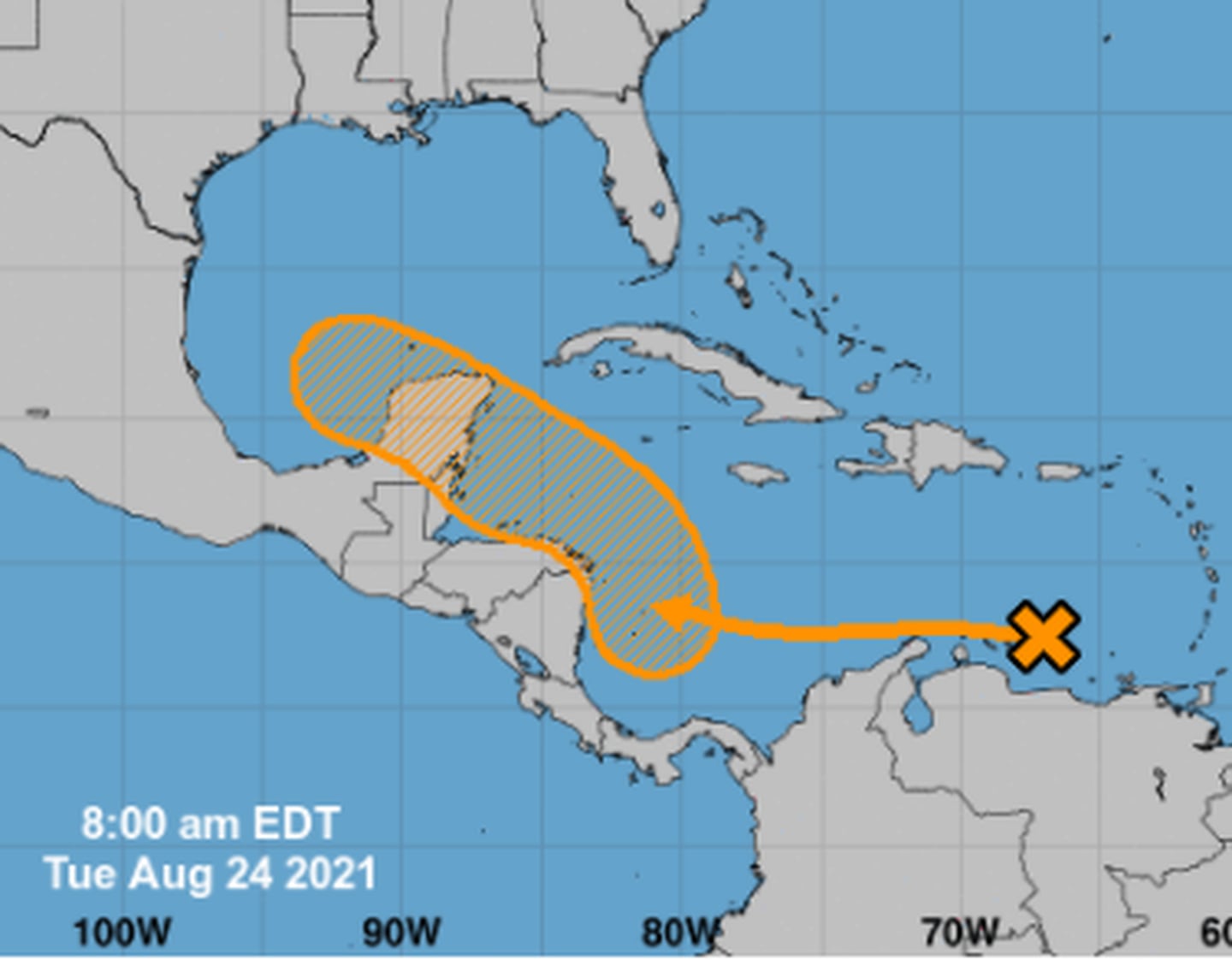 Esta es la trayecoria prevista por el Centro Nacional de Huracanes de EE. UU. para la onda que el fin de semana podría pasar  ser un ciclón. Imagen: Centro Nal. de Huracanes.