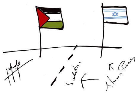 Este es el histórico dibujo que fue pintado por las autoridades palestinas e israelíes de aquel entonces. Foto: Sitio web del artista