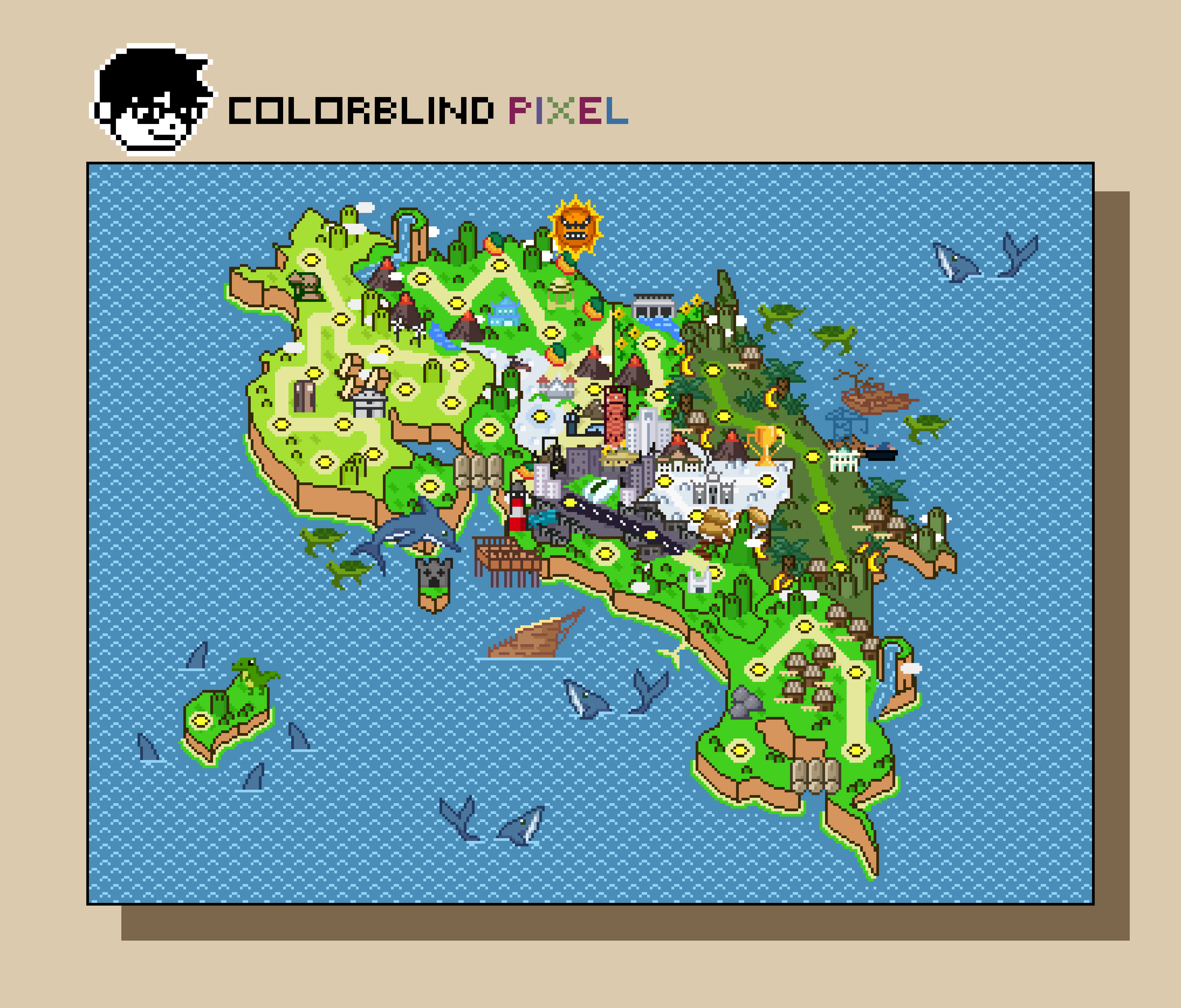 Dentro del mapa de Costa Rica, Colorblind Pixel incluyó elementos como volcanes y montañas, así como edificios emblemáticos de cada provincia.