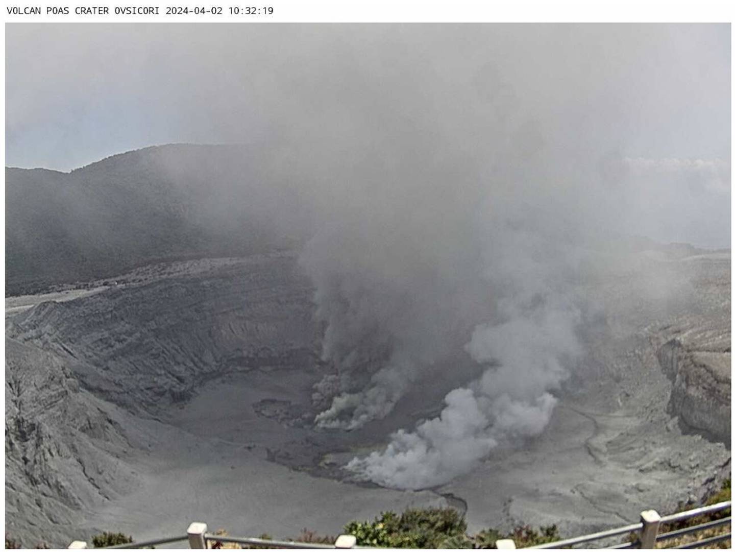 Imagen de este 2 de abril de los gases que obligaron al cierre de la visitación en el Parque Nacional Volcán Poás. Fotografía: Ovsicori.