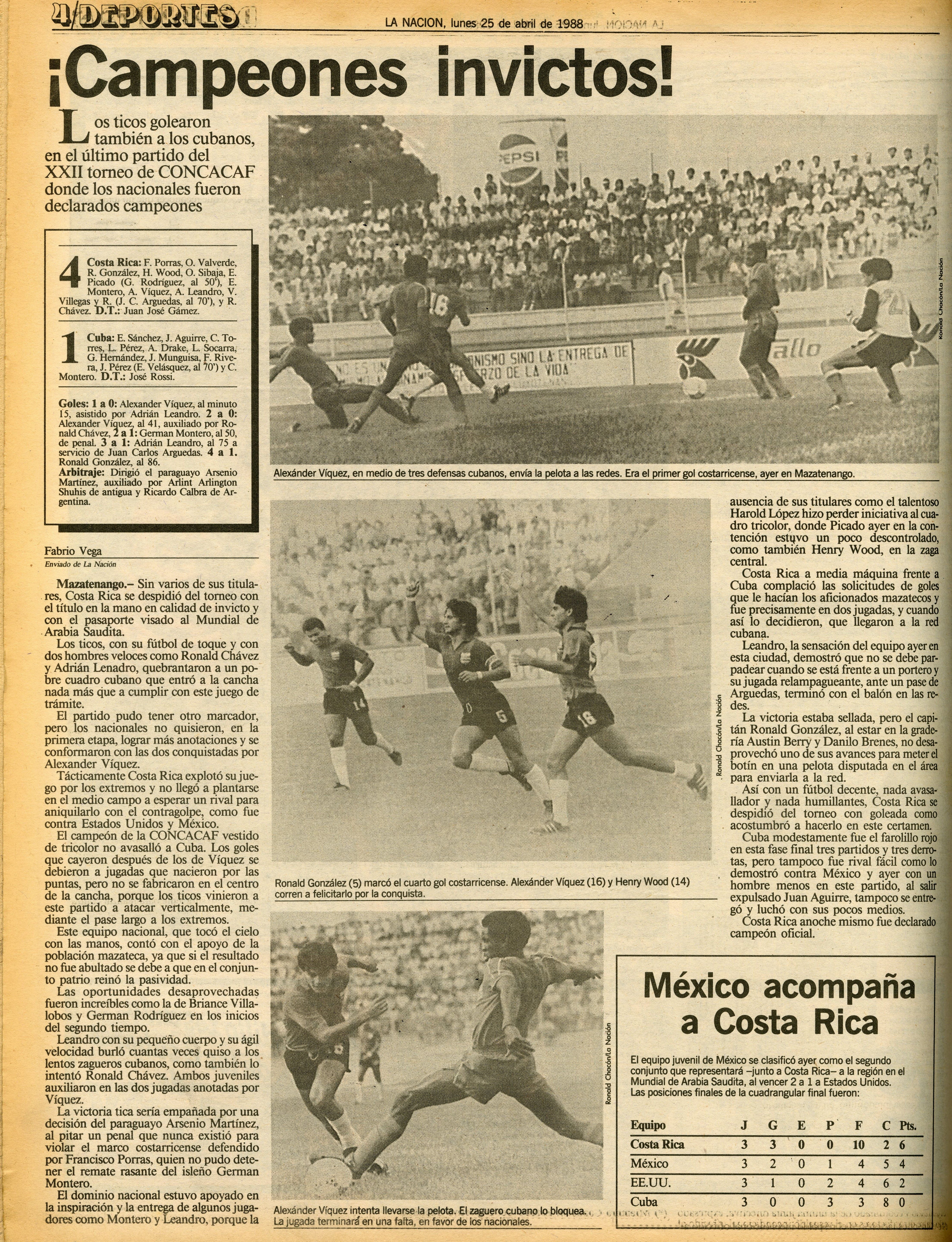 Esta fue la página publicada por 'La Nación' del 25 de abril de 1988 sobre los 'Carasucias', titulada: ¡Campeones invictos!