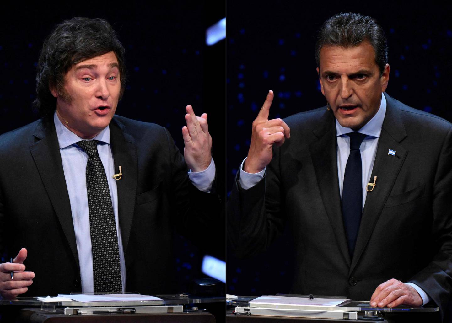 Javier Milei (izquierda) y Sergio Massa (derecha) en el debate presidencial de cara balotaje en Argentina.
