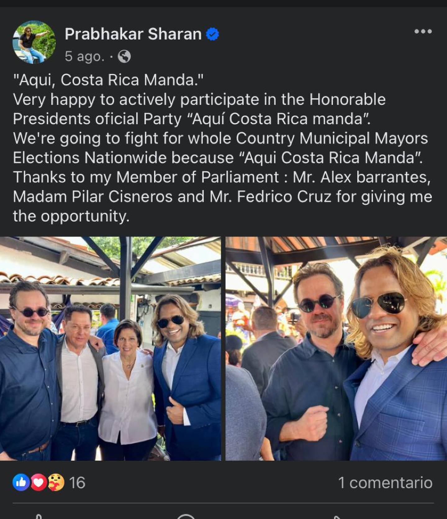 Publicación en la que Prabhakar Sharan afirma que trabaja activamente con el partido del presidente, de nombre Aquí Costa Rica Manda.