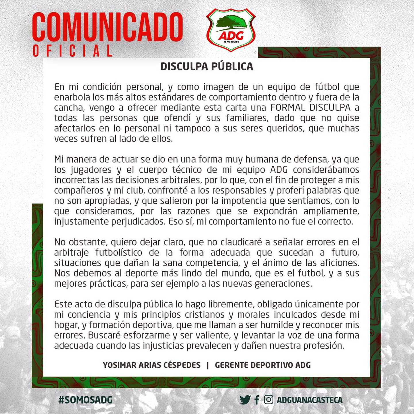 Yosimar Arias emitió un comunicado de prensa, en el que pidió disculpas por su comportamiento, tras el juego ante Herediano.