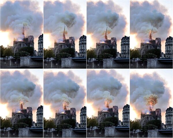 Estas imágenes muestran el desplome de la aguja de la catedral de Notre Dame, en París, este lunes 15 de abril del 2019.