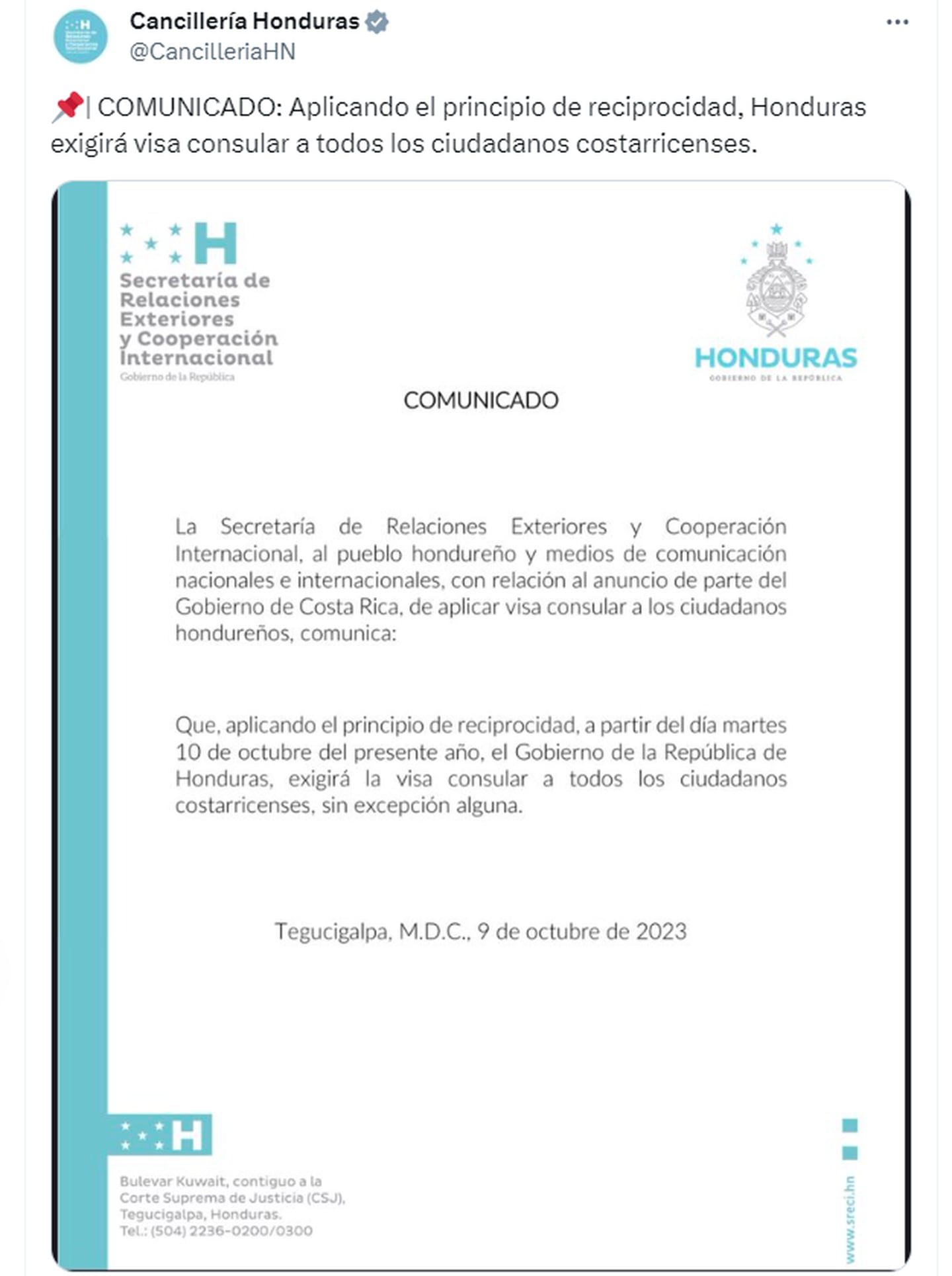 La Cancillería Honduras hizo el anuncio este lunes por la noche. Foto captura.