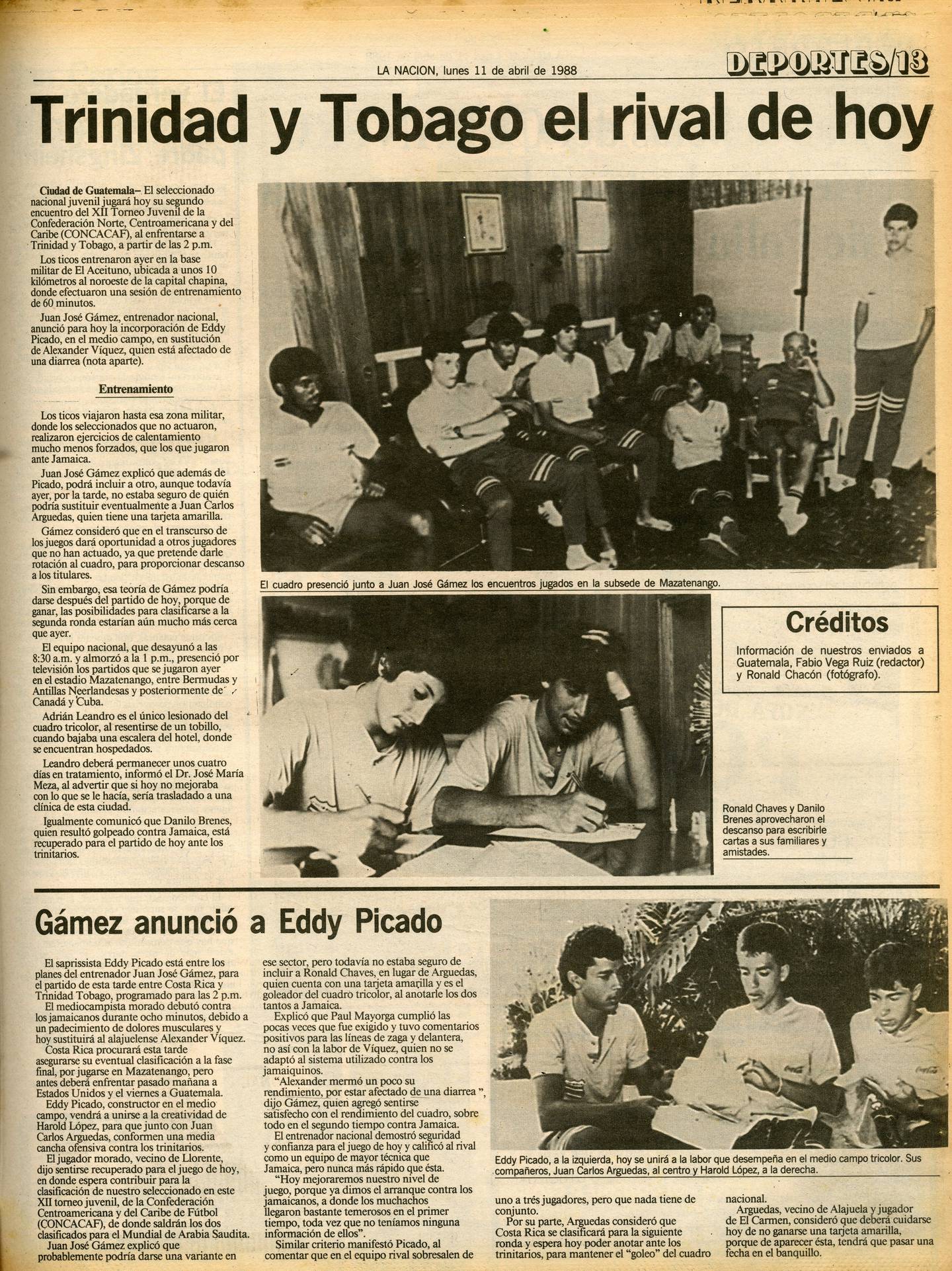 'La Nación' anunció el 11 de abril de 1988 el partido entre la Selección Sub-20 de Costa Rica y Trinidad y Tobago.