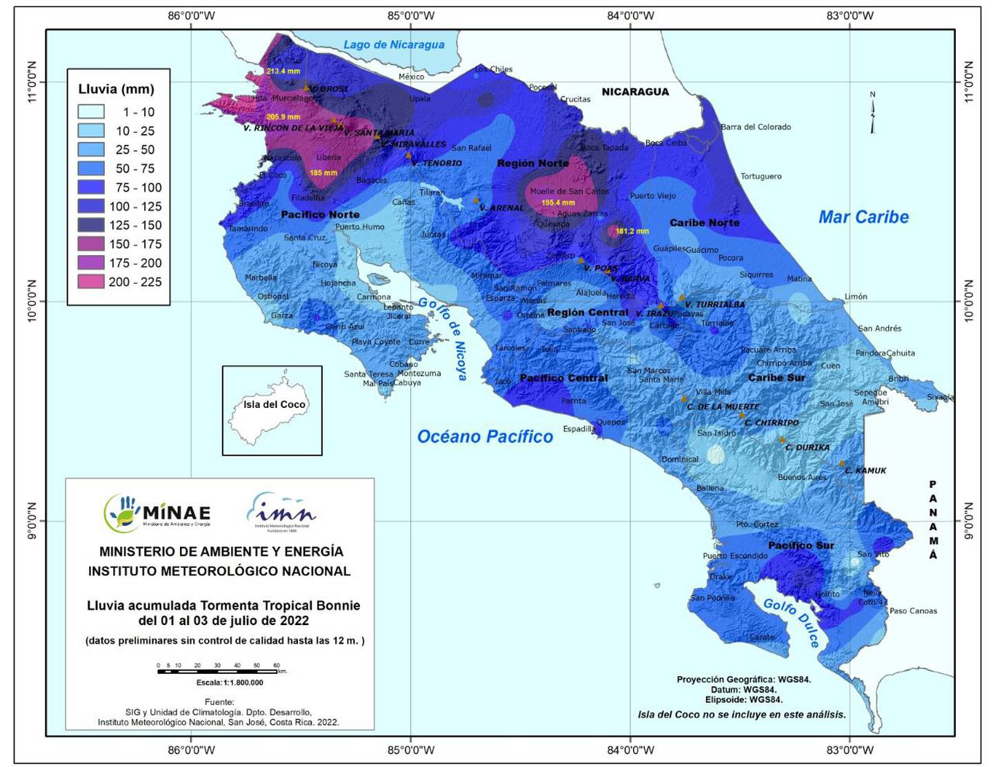 El mapa de lluvias caídas por efecto de la tormenta Bonnie deja ver que todo el territorio fue afectado. La crecida del río Turrialba fue el último evento atribuido a ese ciclón. Imagen: CNE.