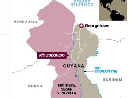 El mapa del Esequibo muestra la zona que reclama Venezuela, pero que pertenece a Guyana.