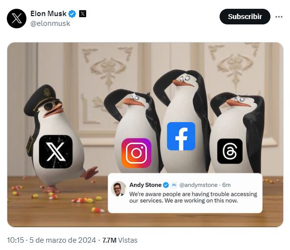 Elon Musk compartió un meme por la caída de Facebook e Instagram.