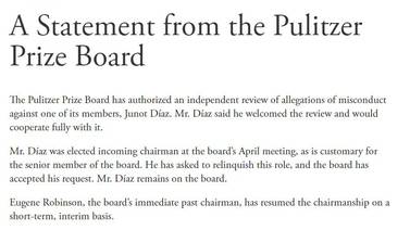 Junot Díaz renuncia como presidente del Pulitzer luego de ser acusado de agresión sexual