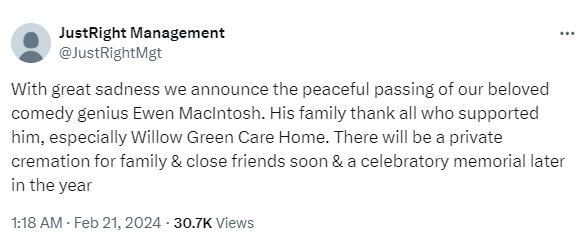 La empresa representante del actor Ewen MacIntosh, 'JustRight Management', dio a conocer la noticia del fallecimiento este miércoles 21 de febrero.