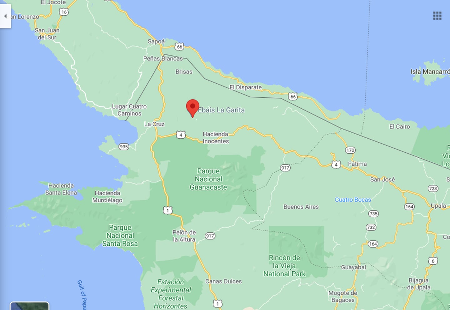 Una propiedad en el distrito de La Garita, La Cruz, fue escenario del octavo asesinato de este año en ese cantón fronterizo con Nicaragua. Imagen: Google maps.