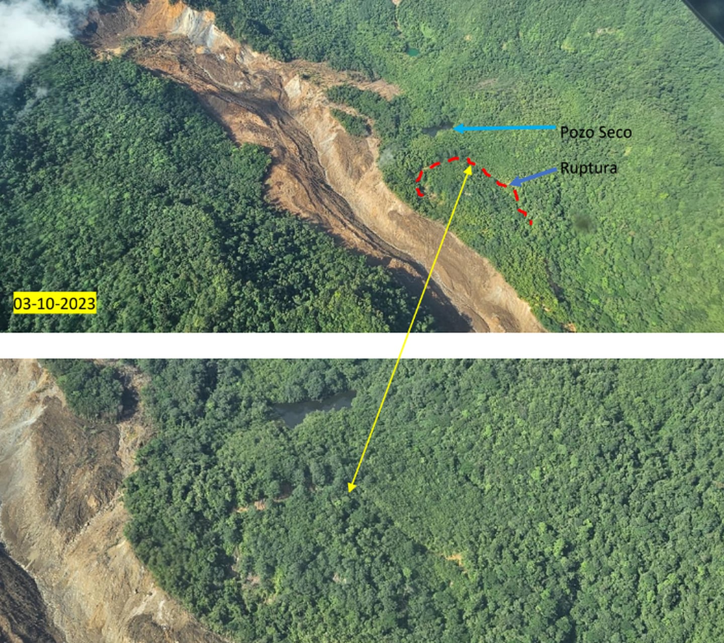 En estas imágenes se aprecia el bloque de árboles y tierra en lo alto del Parque Nacional Juan Castro Blanco en San Carlos, que podría colapsar a corto plazo., Imagen: CNE.