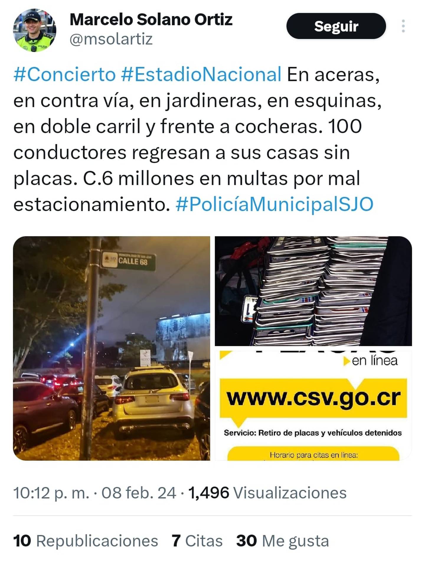 Esta publicación de Marcelo Solano, de la Policía Municipal de San José, sobre las placas retiradas por mal estacionamiento en las afueras del concierto de Luis Miguel en Costa Rica.