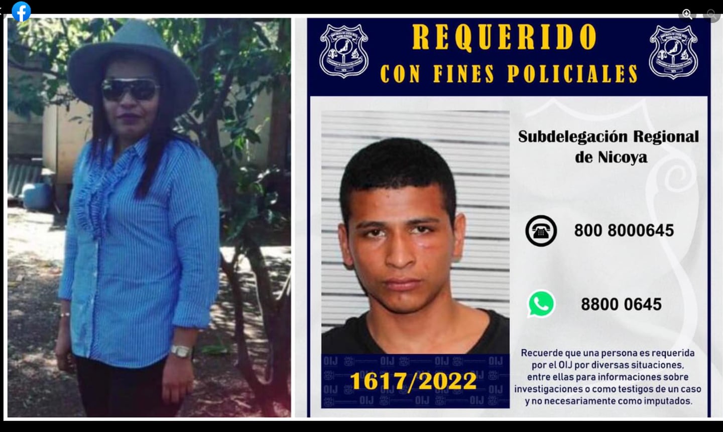 A Arce Arana se le atribuía el homicidio de Xinia Vásquez, ocurrido en noviembre del año pasado. Ella fue víctima colateral mientras que el sujeto al que Arce quería matar sobrevivió al tiroteo. Foto: Facebook.