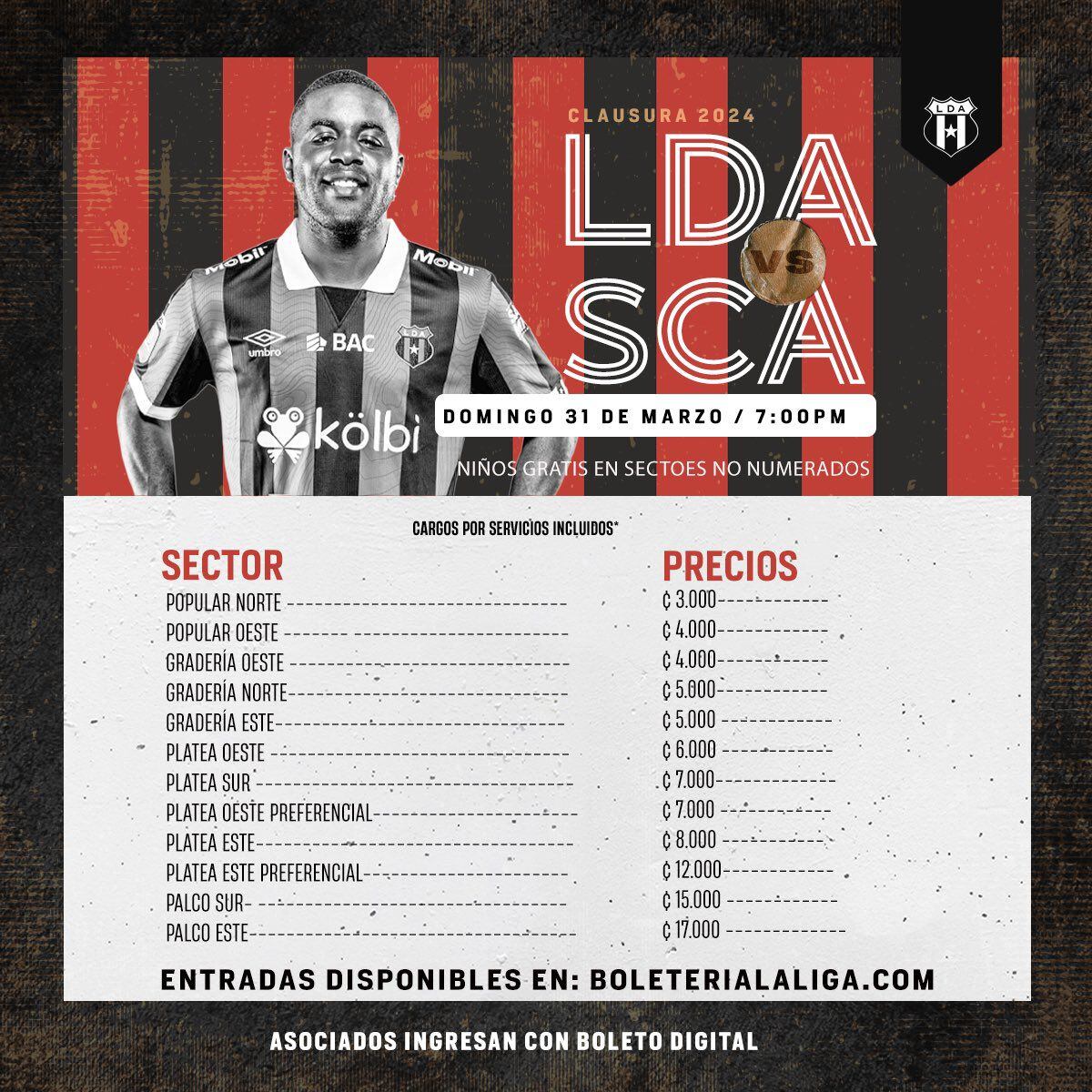 Estos son los precios para el partido del 31 de marzo entre Liga Deportiva Alajuelense y San Carlos.