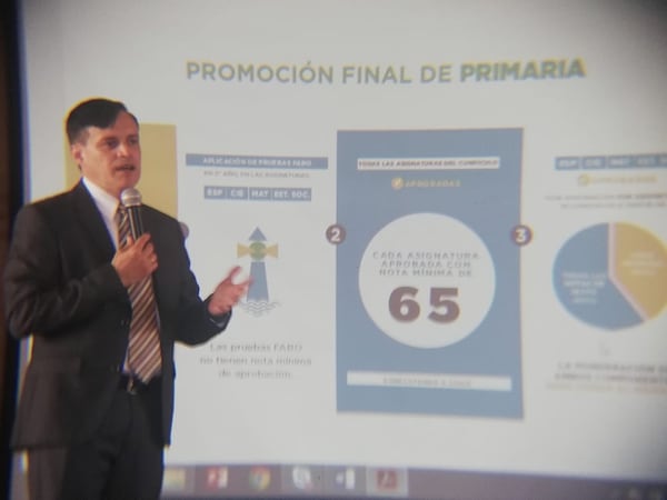 Pablo Mena, director de Gestión de Calidad del MEP presentó las pruebas Faro, este miércoles en una actividad en la Escuela Vitalia Madrigal, en San José.