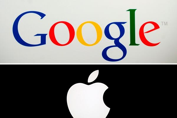 (FILES) In this combo file photo taken on May 17, 2014, shows Google's logo (top) in New York on May 21, 2012, and Apple's logo in Paris on January 27, 2010. - Google and Apple unveiled a joint initiative on April 10, 2020, to use smartphones to trace coronavirus contacts to battle the pandemic. The move brings together the largest mobile operating systems in an effort to use smartphone technology to track and potentially contain the global pandemic. (Photo by Emmanuel DUNAND and Loic VENANCE / AFP)
