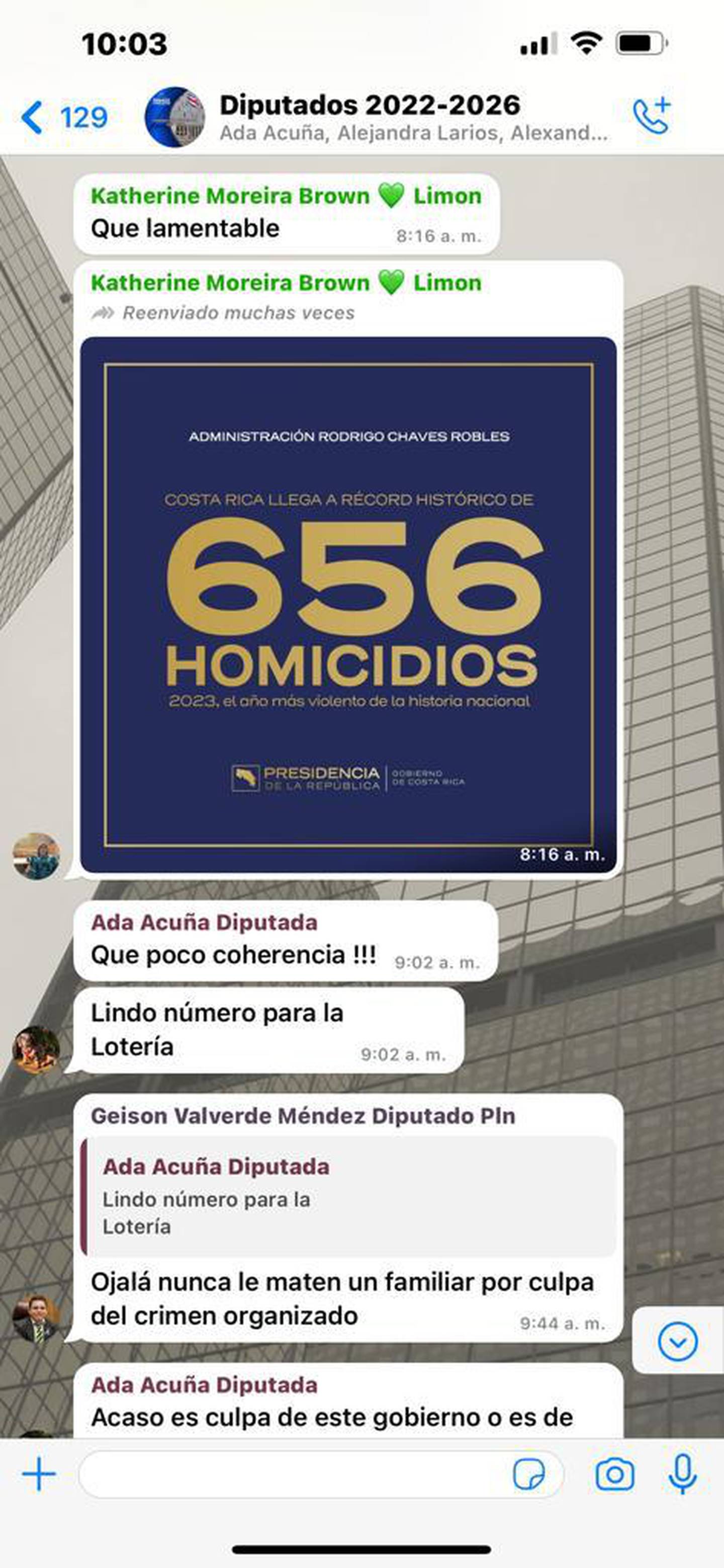 Comentario de la diputada de Gobierno, Ada Acuña, sobre el número de 656 homicidios en lo que va del año. Corresponde a un chat de diputados. Foto: Captura de pantalla