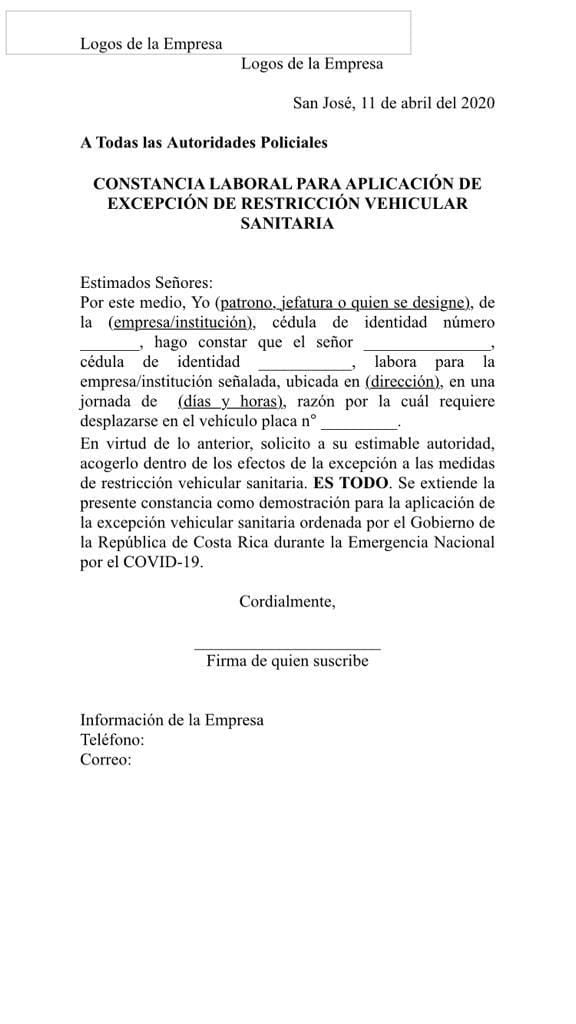 Carta Para Restriccion Vehicular Sanitaria En Costa Rica Esto Debe Decir La Nacion