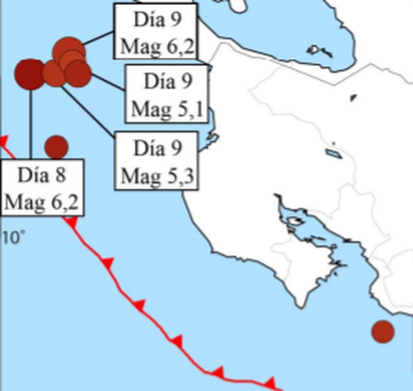 Los temblores sentidos como más fuertes en noviembre se originaron en la costa Pacífica de Nicaragua, donde no se han agudizado los sismos desde el 2020. Imagen: RSN.