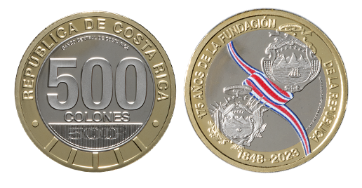 El Banco Central de Costa Rica (BCCR) acuñó una nueva moneda de ¢500 para recordar los 175 años de la fundación de la República, fecha que se celebra el próximo 31 de agosto