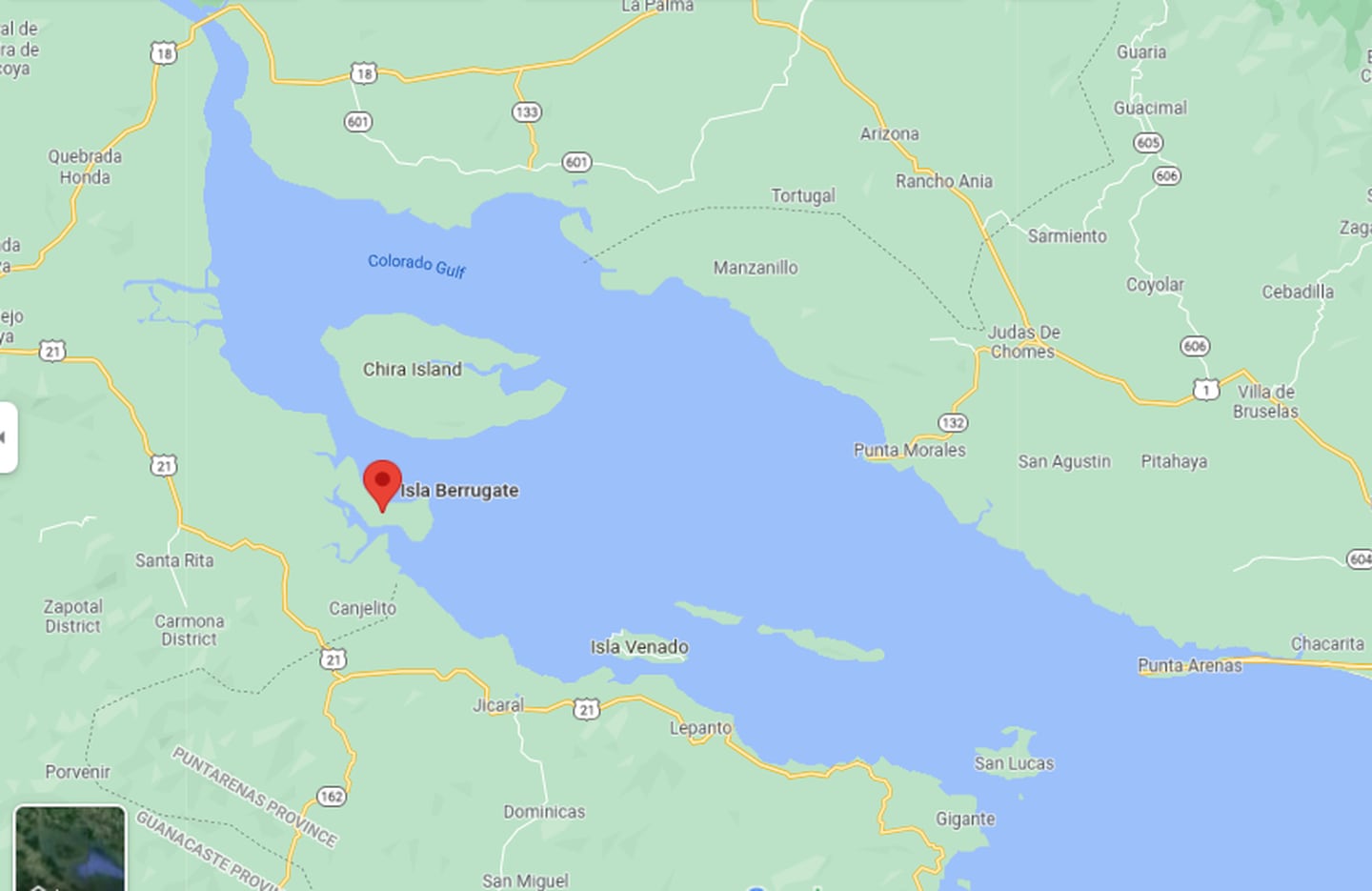 La isla Berrugate esta muy cerca de Chira, en el golfo de Nicoya. Imagen: google maps.