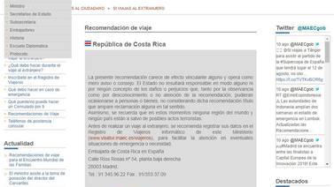 Ministerio de Asuntos Exteriores de España recomienda en sitio web tomar precauciones para visitar Costa Rica
