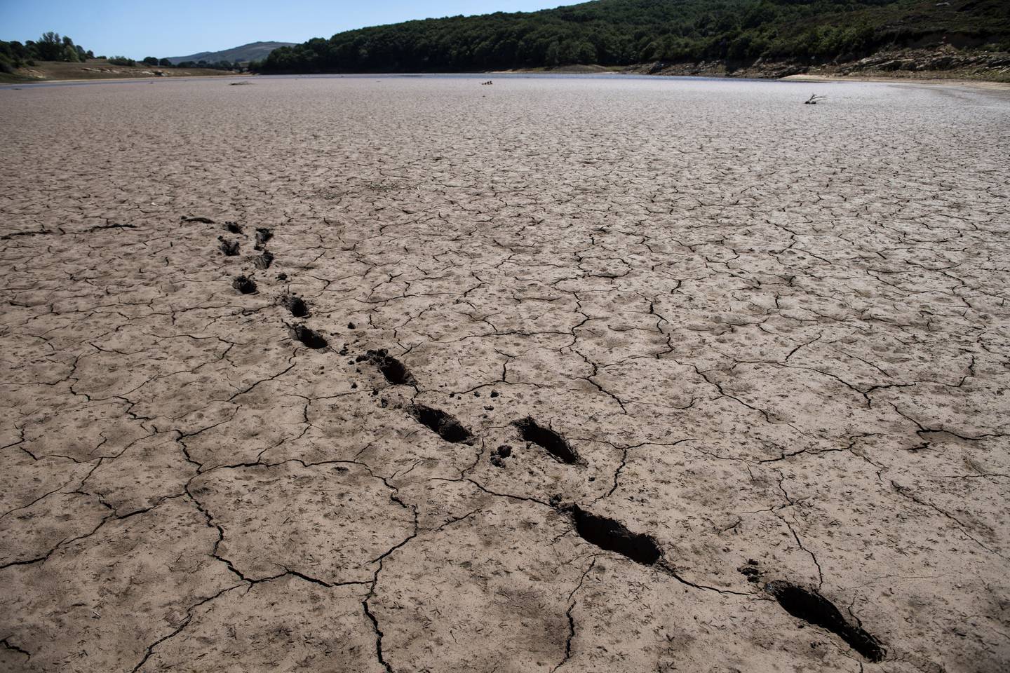 el lecho agrietado del embalse del Ebro, que se encuentra al 32,72 % de su capacidad debido a la sequía