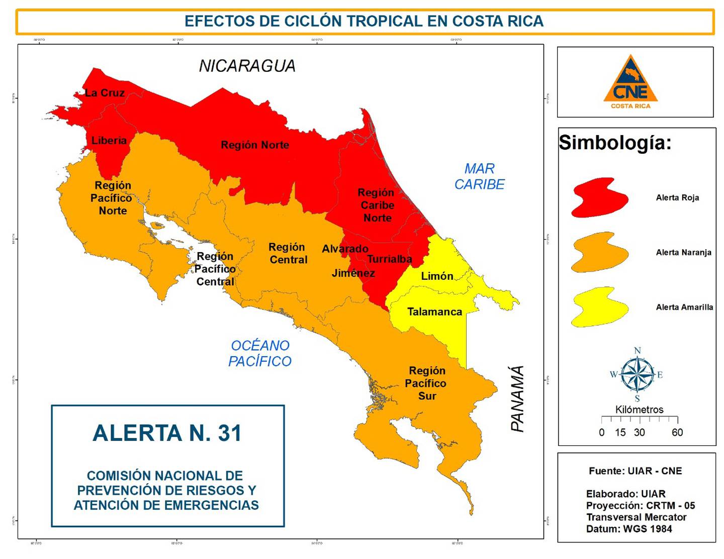 Al mediodía de este viernes la CNE anunció que los cantones cartagineses de Turrialba, Alvarado y Jiménez se unen a los otros 12 que están en alerta roja. Imagen: CNE.