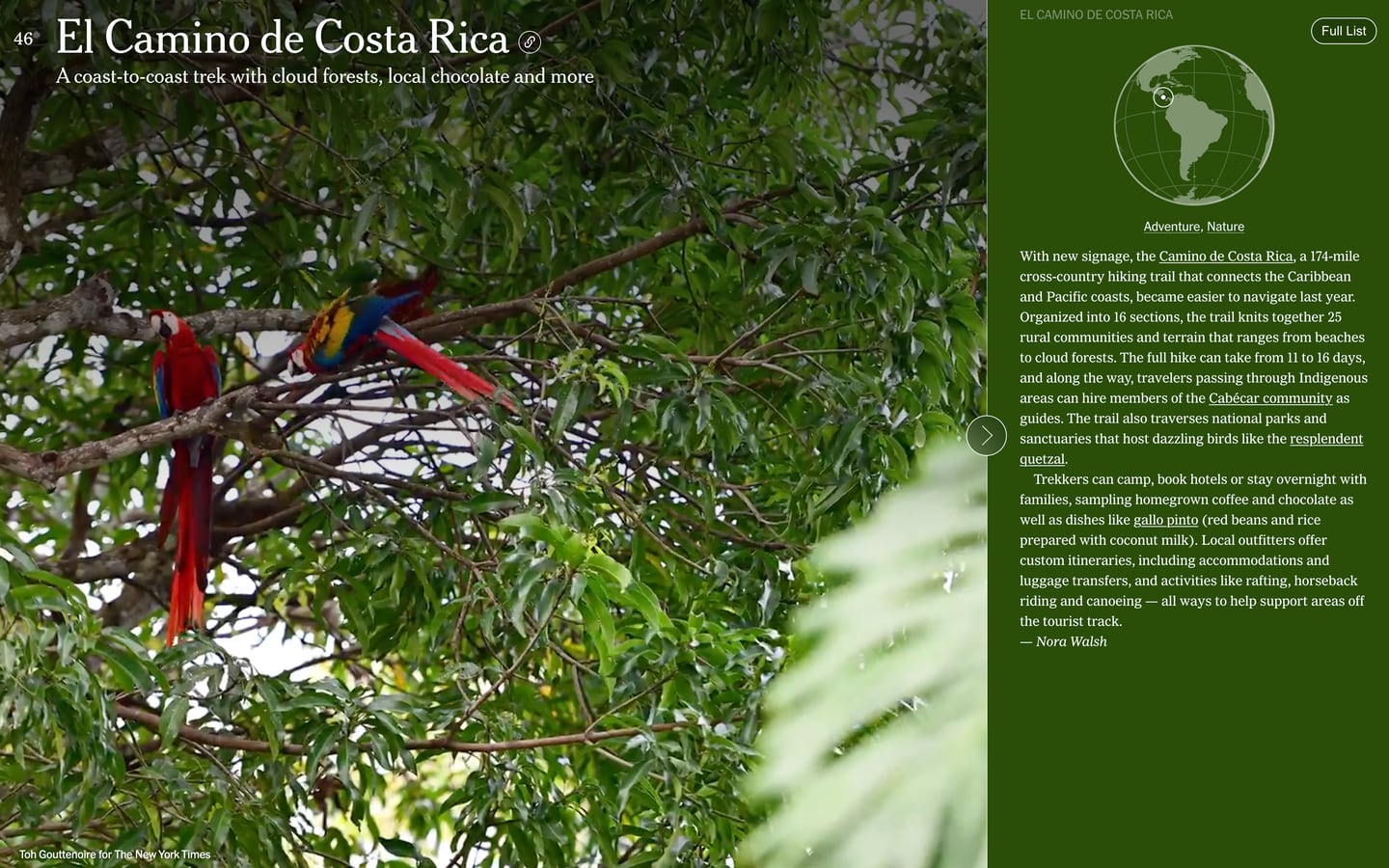 Esta es la mención de Costa Rica entre los 52 destinos propuestos por The New York Times pra el 2024. El Camino de Costa Rica aparece en el puesto 46 en el listado. Fotografía: Th New York Times