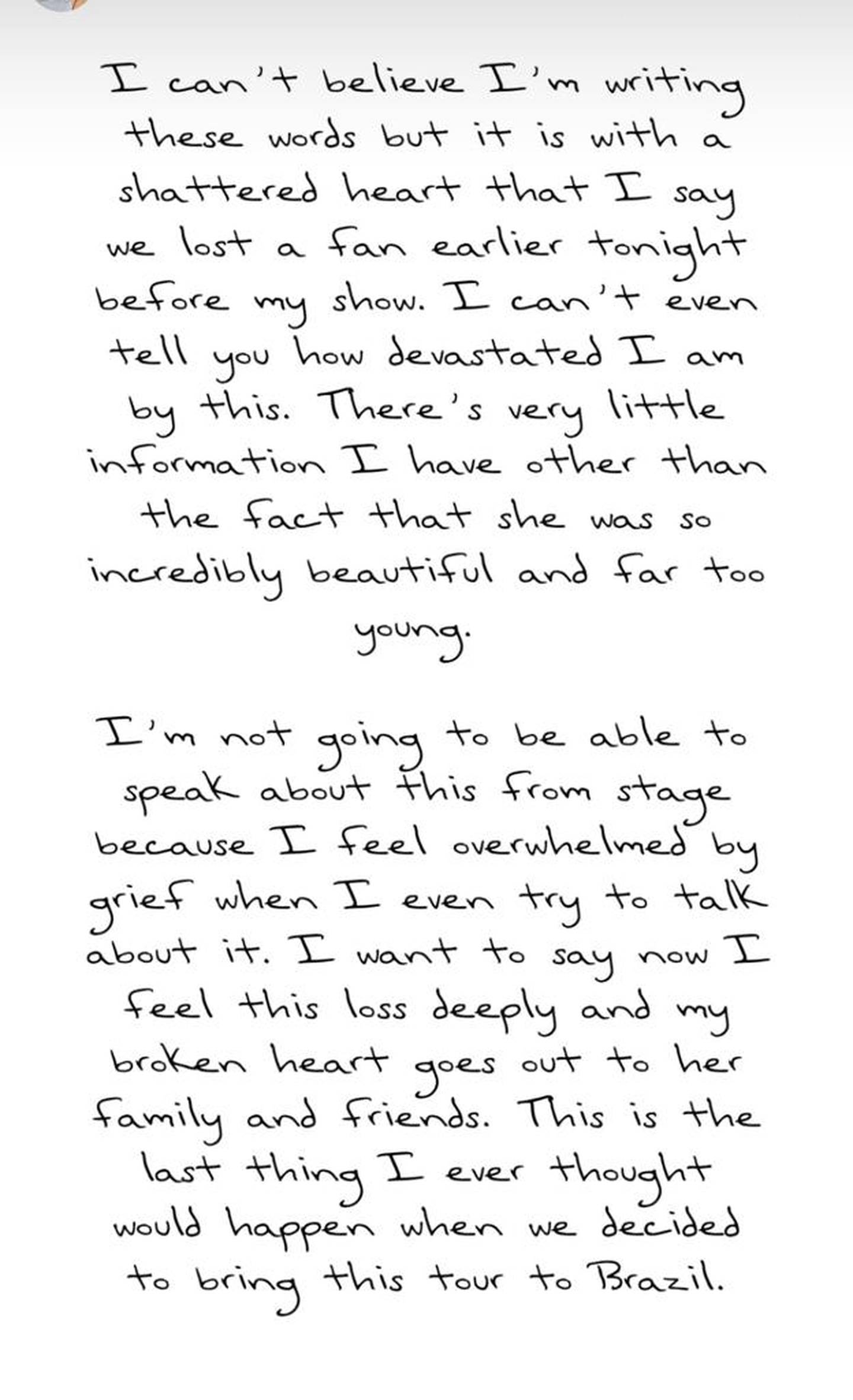 Taylor Swift escribió un mensaje para sus fanáticos en sus historias de Instagram, después de su primer concierto en Brasil.