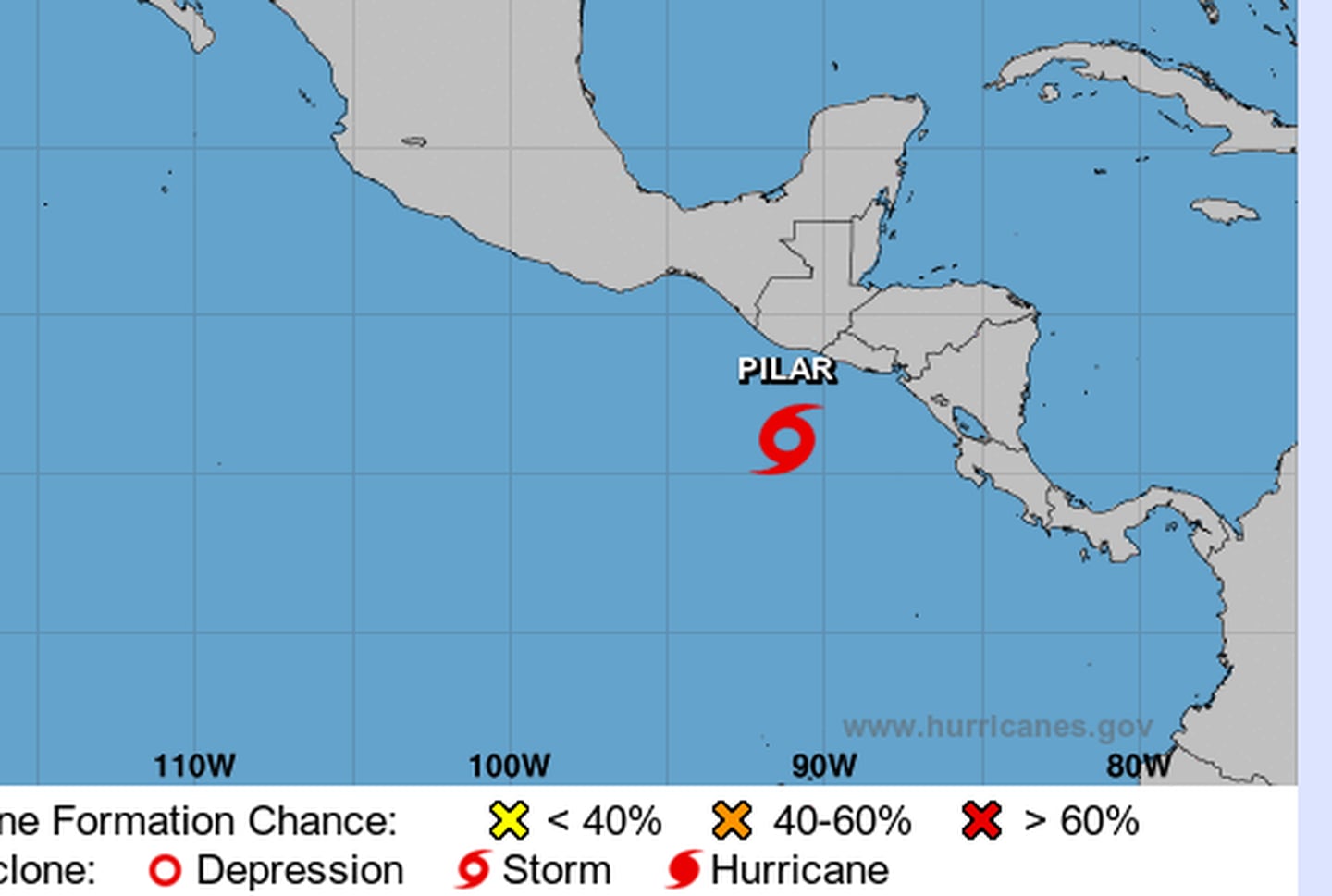 La tormenta tropical Pilar se mueve hacia el istmo y nuestro país tendrá efectos indirectos, según las proyecciones del Centro Nacional de Huracanes . Imagen: Centro Nal. de Huracanes.