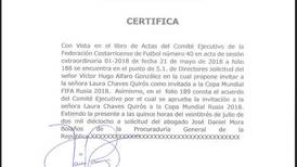 Exfederativo confirma existencias de dos actas con versiones diferentes sobre invitación al Mundial a la alcaldesa alajuelense 