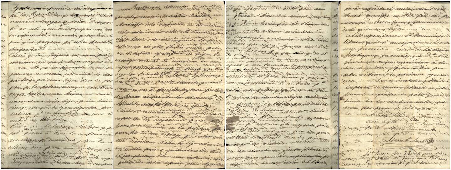 Estos son los cuatro folios de la última carta que escribió Juan Rafael Mora Porras a su esposa Inés Aguilar poco antes de ser fusilado, el 30 de setiembre de 1860.