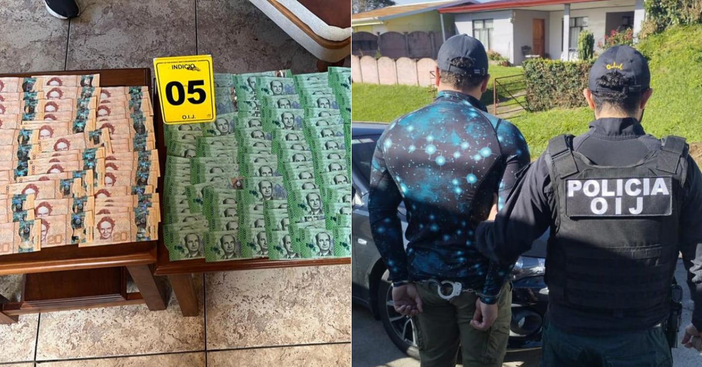 Dinero y uno de los detenidos en el Caso Corona, sobre presunta tráfico de cocaína líquida. Fotos: OIJ