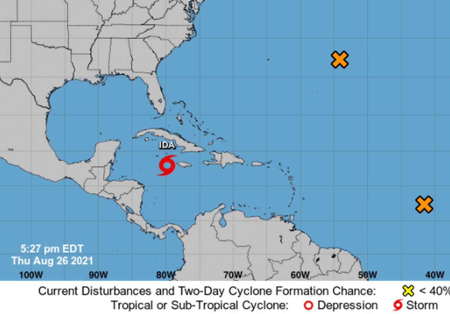 A mitad de la tarde de este jueves el Centro Nacional de Huracanes confirmó que el ciclón del Caribe ya era la tormenta tropical Ida, pero lejos de nuestro país. Imagen: Centro Nal. de Huracanes.