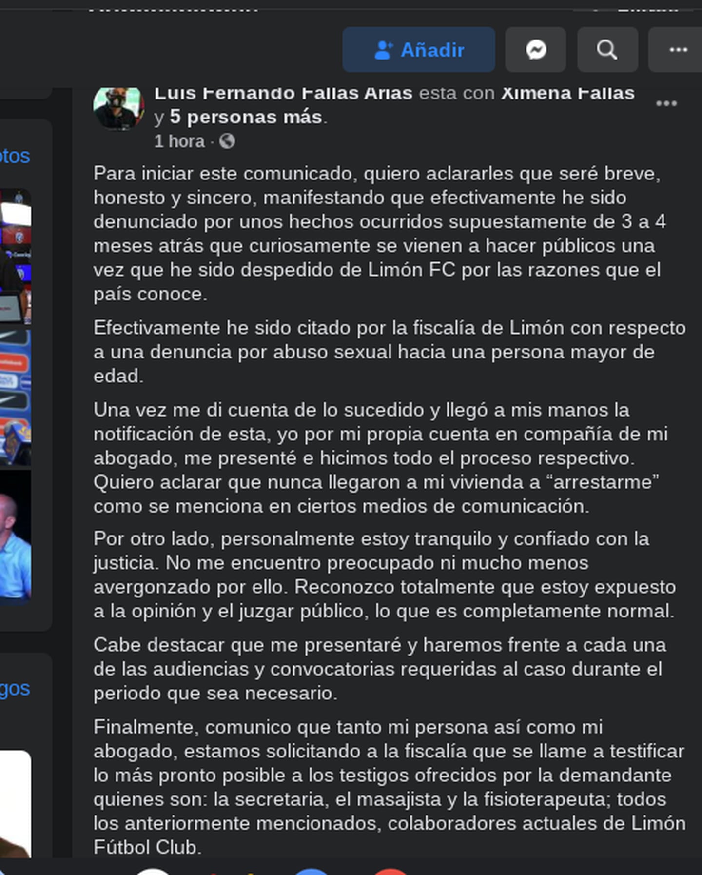 El extécnico de Limón dijo en su perfil de Facebook que confía en la justicia. Imagen: Facebook.