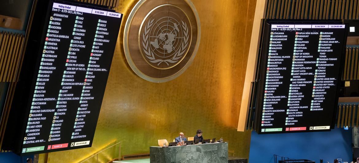 Costa Rica vota a favor de la adhesión de Palestina a la ONU. La decisión, destacada como el sexto voto en la columna central de la pantalla izquierda, fue capturada en una fotografía tomada en la ONU. Foto: ONU