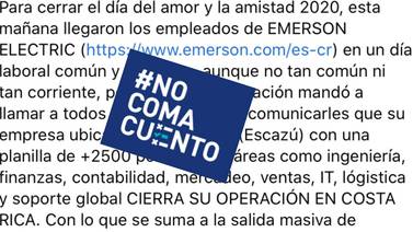 #NoComaCuento: Multinacional Emerson Electric no cerrará operaciones en el país   