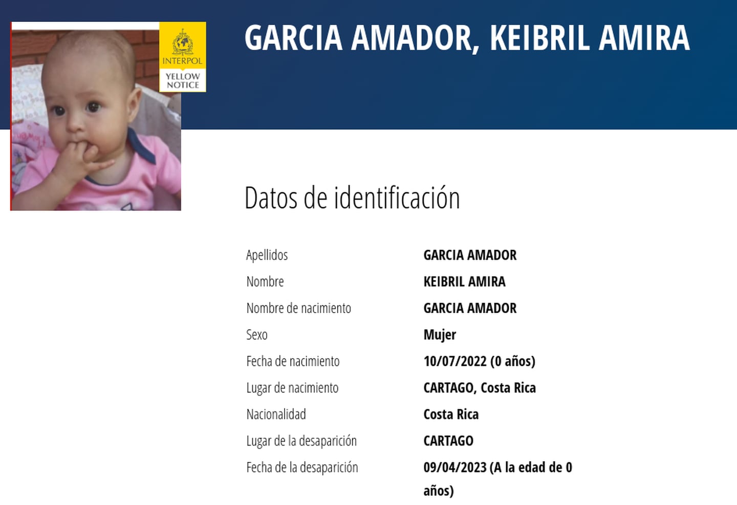 La alerta de la desaparición de Keibril Amira Amador está en la página de Interpol.