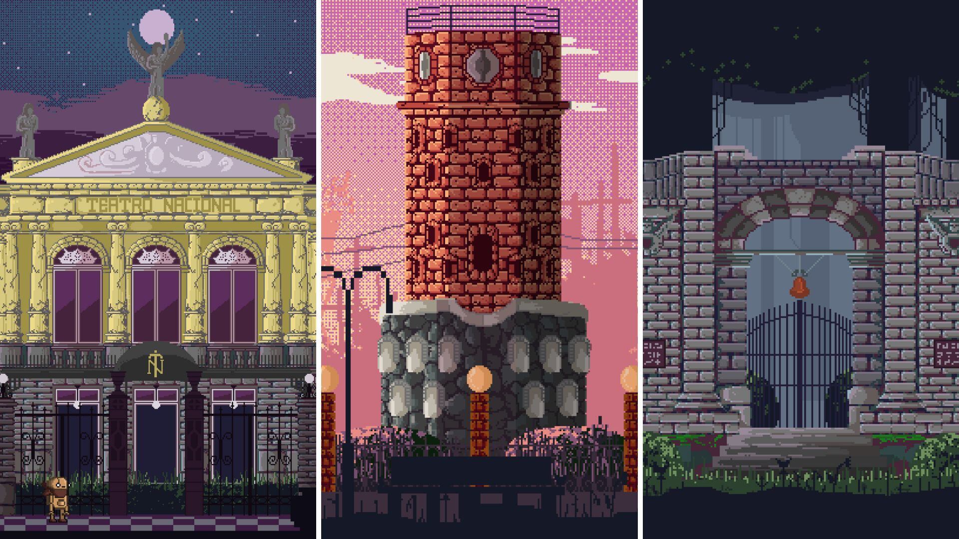 El Teatro Nacional, el Fortín y las Ruinas de Cartago fueron de las primeras creaciones de Colorblind Pixel. Son su manera de imaginar cómo se vería Costa Rica en un videojuego retro.
