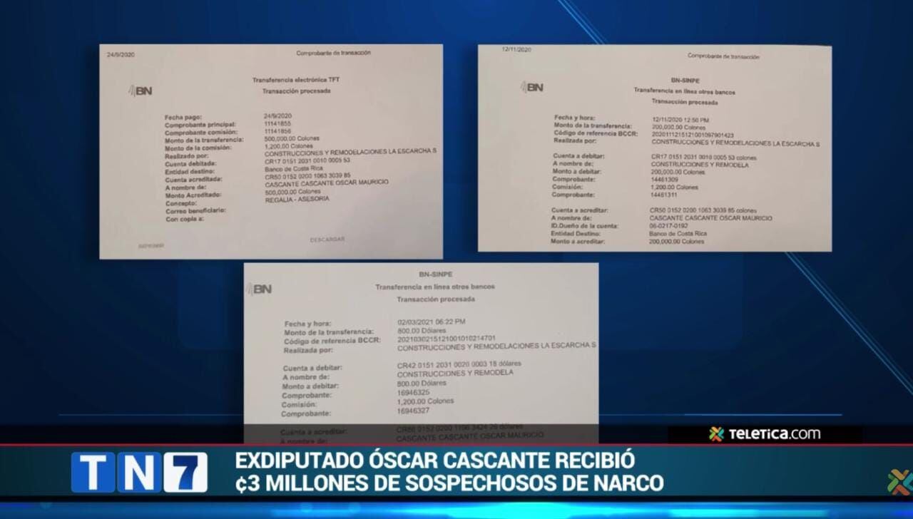 'Telenoticias' reveló varios comprobantes de transferencias bancarias procedentes de la empresa presidida por Luis Cartín, en favor del exdiputado Óscar Cascante.