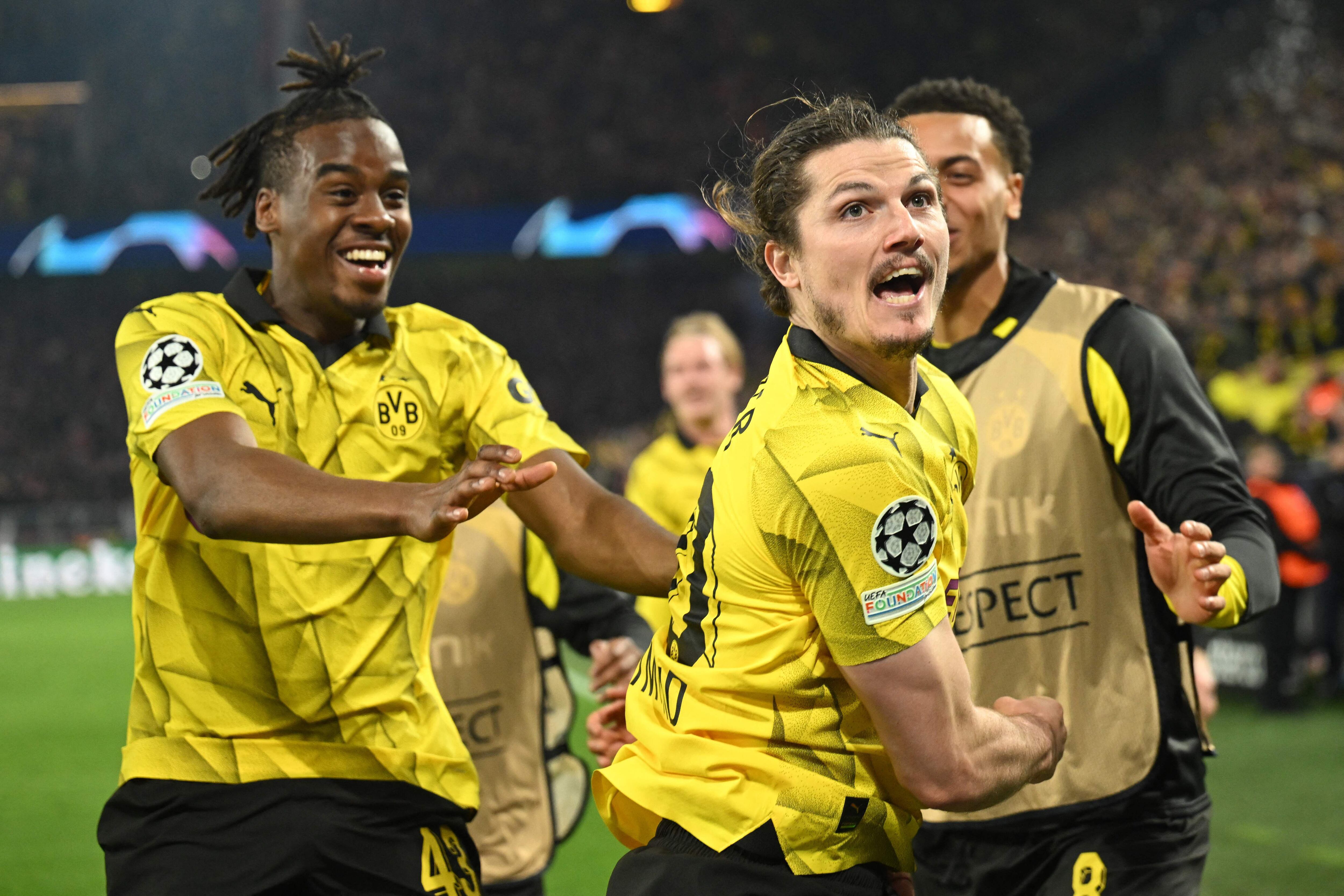 Marcel Sabitzer impulsó la remontada del Borussia Dortmund. Era el 2 a 0 en el juego (el 3 a 2 en la serie). Fotografía: INA FASSBENDER / AFP