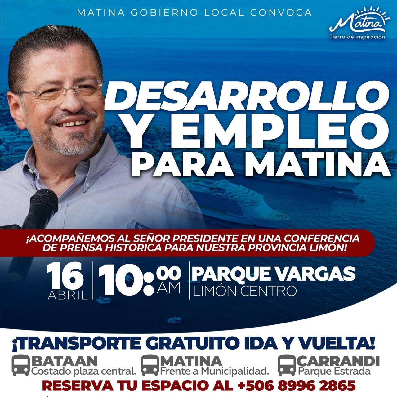 Este es el afiche en el que la Municipalidad de Matina invitó a asistir al discurso del presidente Chaves con transporte gratuito.