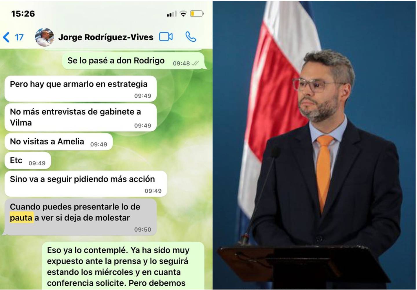 Captura de pantalla de los mensajes enviados por el ahora ministro de Comunicación, Jorge Rodríguez Vives, a su antecesora, Patricia Navarro. Foto: Captura facilitada por Patricia Navarro